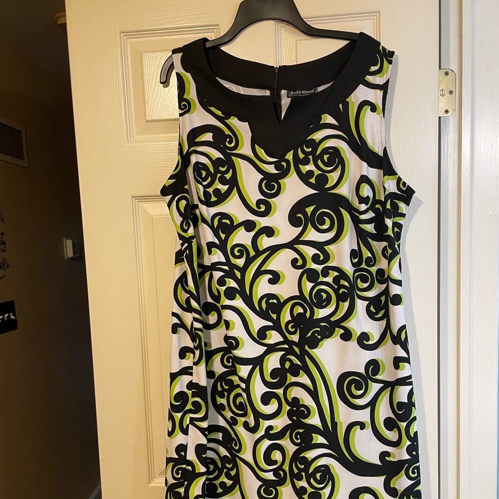 Jessica Howard Black and Green Swirl Mini Dress. 42 inches long.